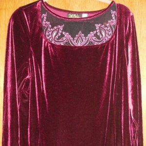Bob Mackie Burgundy Lace Panel Plush Velour Top Large